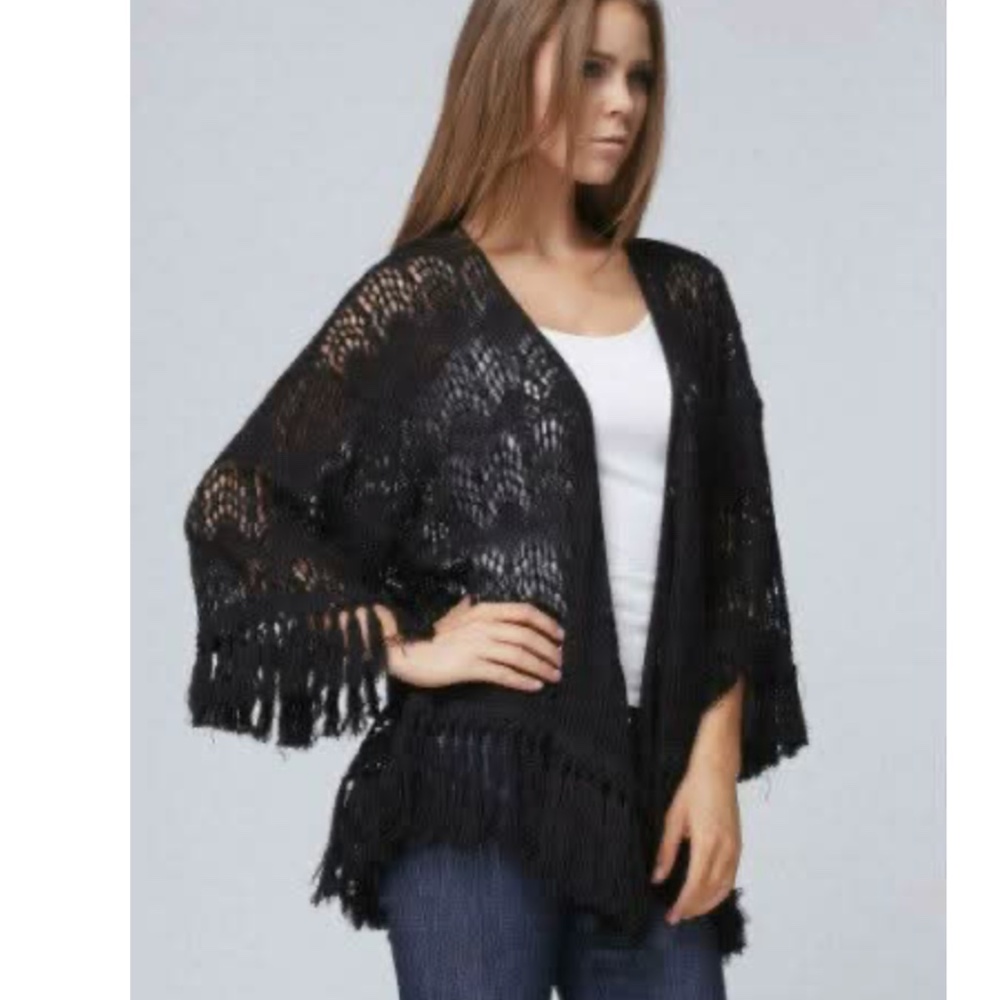 FORGOTTEN GRACE Sheer Black Embroidered Fringe Jacket/Kimono / Size S/M/L
